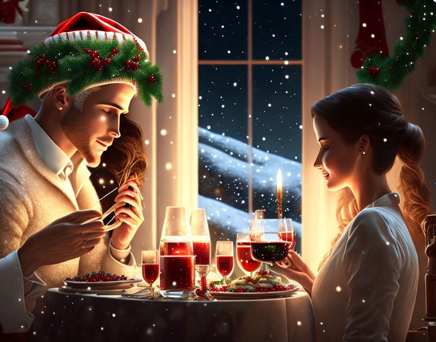 Romantic Christmas dinner scene with couple in festive attire