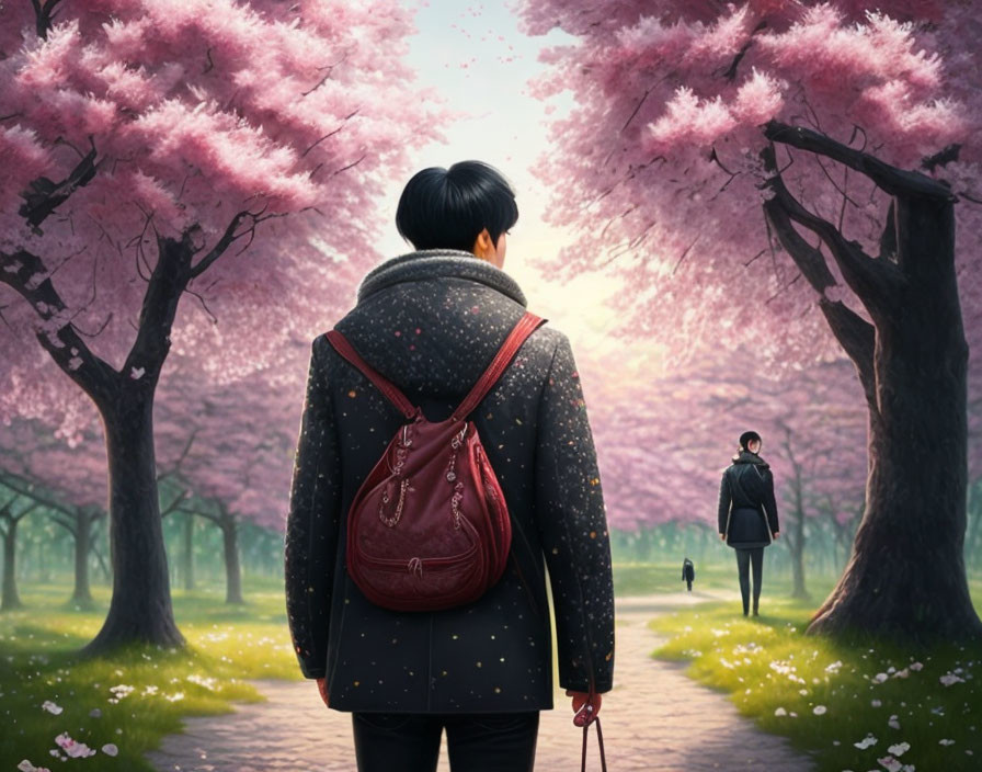 Two figures under cherry blossoms on serene path