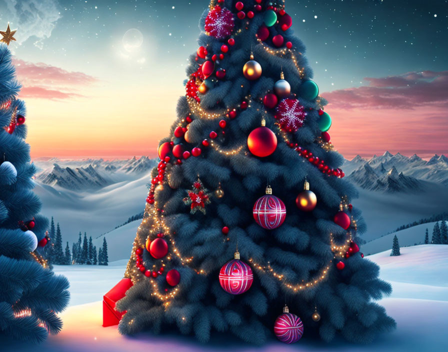 Festive Christmas tree with red and gold ornaments in snowy mountain scene