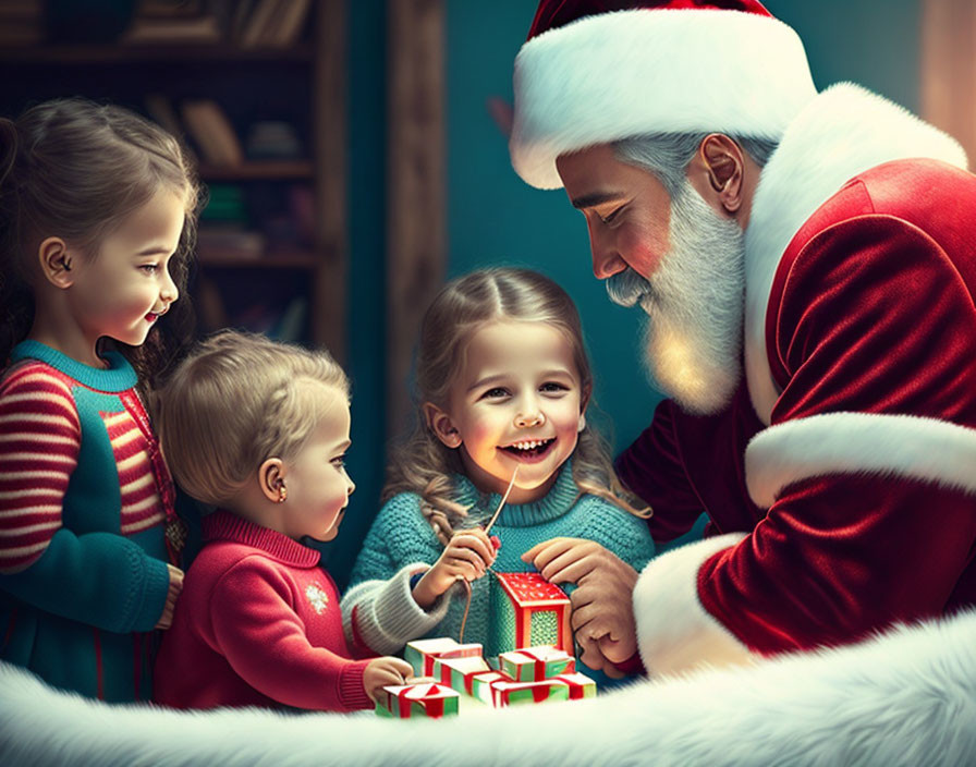 Santa Claus presents magical holiday moment to three children