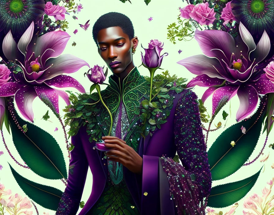 Dark-skinned person in ornate purple floral attire among lush, stylized flowers