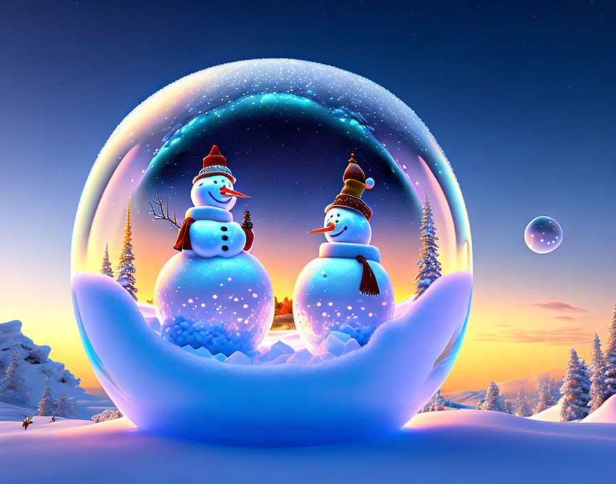 Snowmen in Snow Globe with Twilight Sky and Snowy Landscape