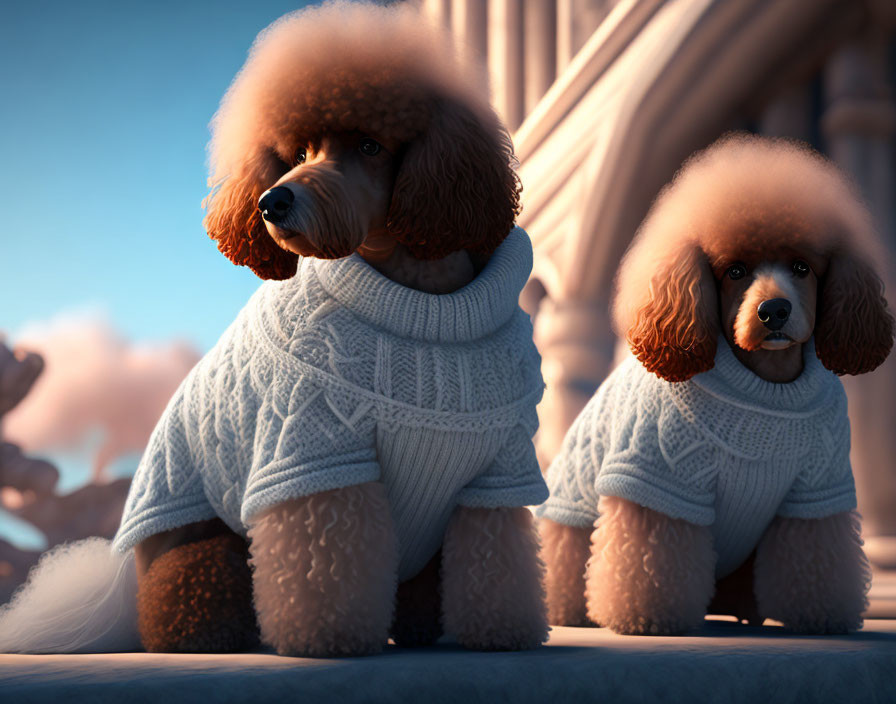 Two poodles in knitted sweaters against classical architecture with soft lighting.