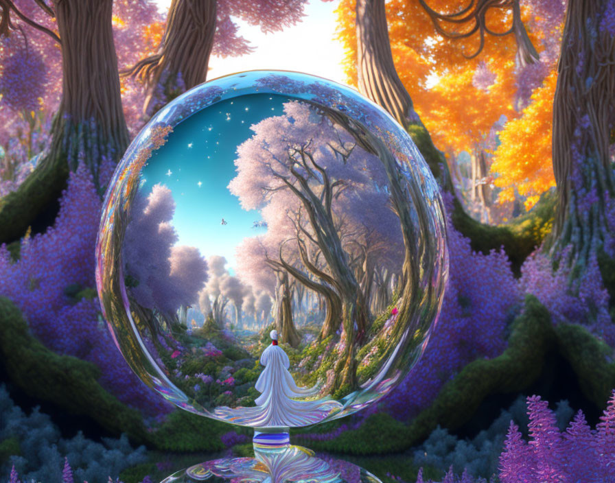 Crystal ball reflecting tranquil forest scene with blooming trees and vibrant flora