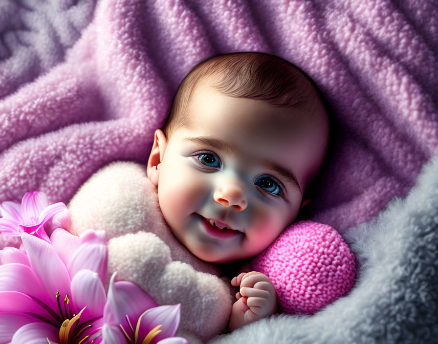 Smiling baby with dark hair in pink blanket among soft toys and flowers