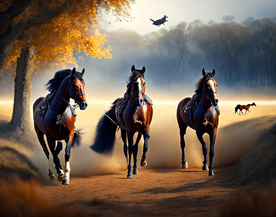 Autumnal forest scene: Three horses with riding gear trot on dusty path.