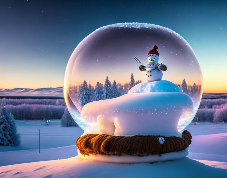 Snowman snow globe on snow-covered hill in winter twilight landscape