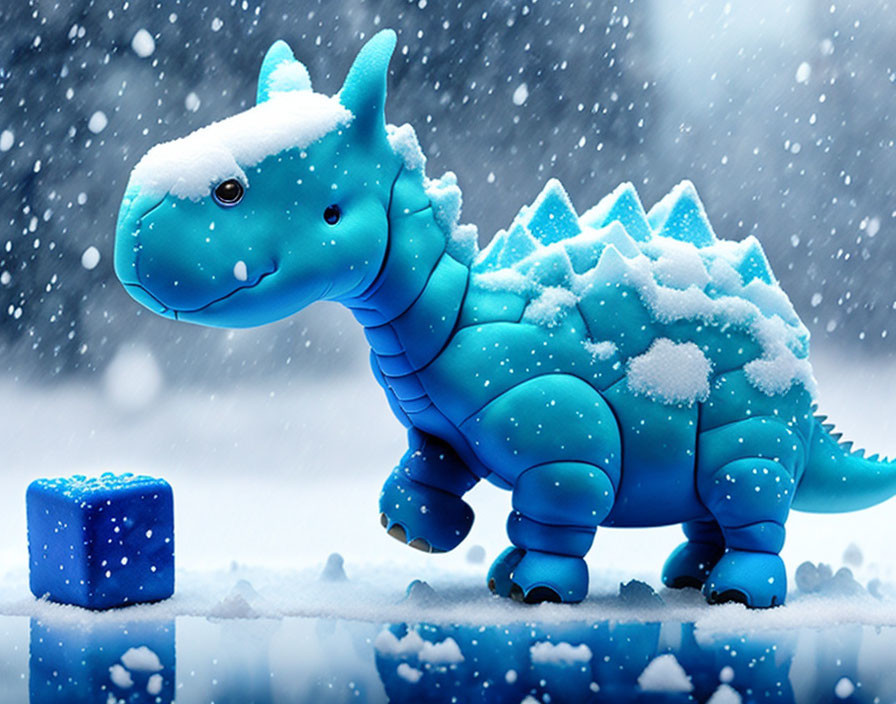 Friendly toy dinosaur covered in snowflakes beside small cube in gentle snowfall