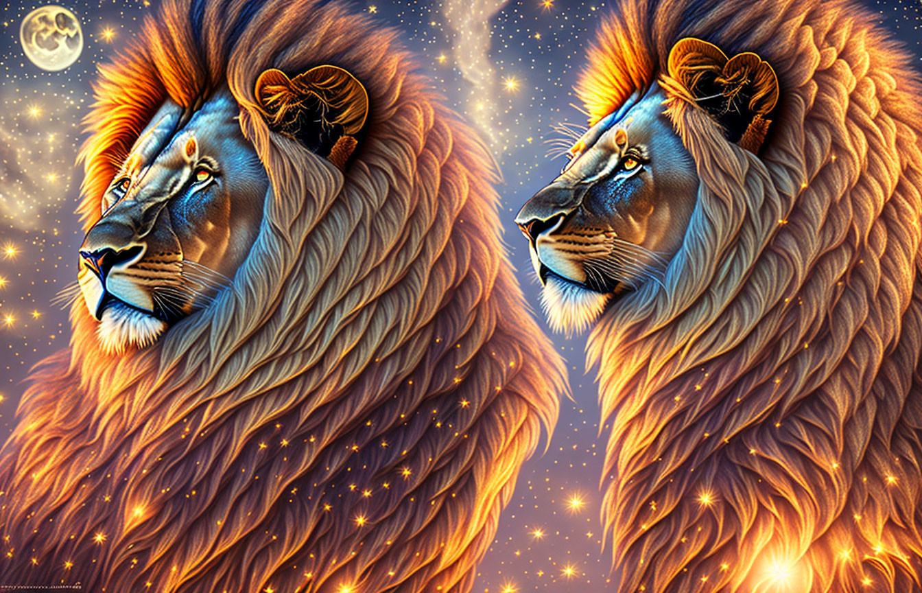 Stylized lions with vibrant manes in cosmic setting