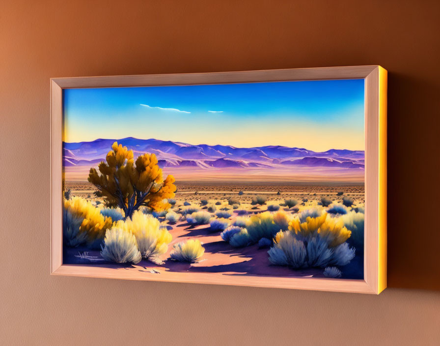 Framed desert landscape painting with lone tree under blue skies