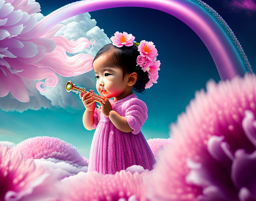 Toddler in Purple Dress Plays Toy Saxophone Among Vibrant Flowers