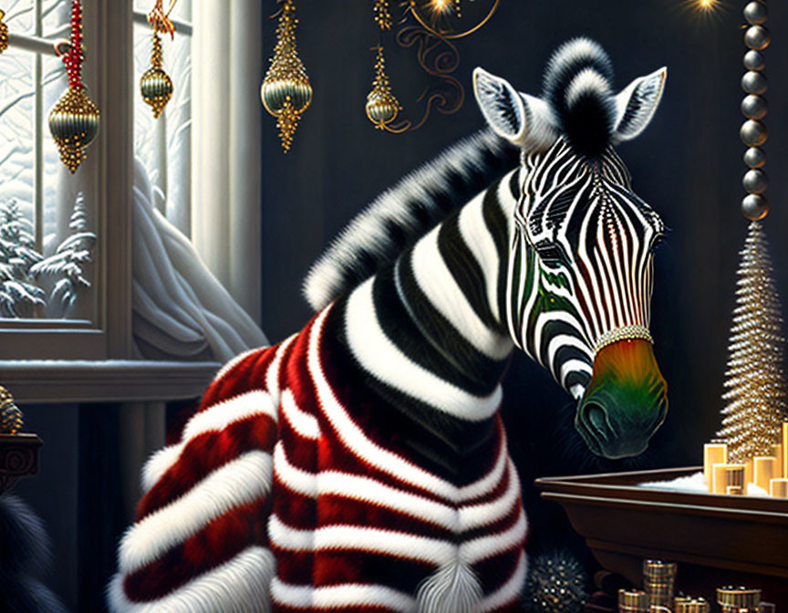 Festive Zebra Illustration in Red and White Christmas Sweater Setting