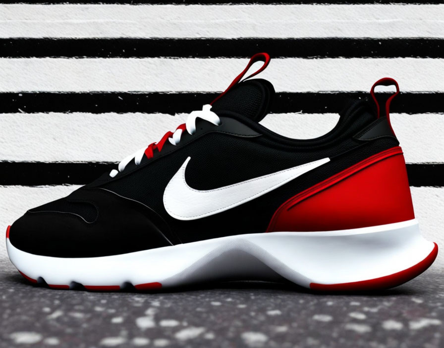 Black and Red Sneaker with White Swoosh Logo on Striped Background