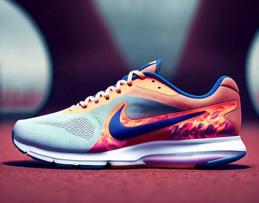 Flame design Nike running shoe on red track background