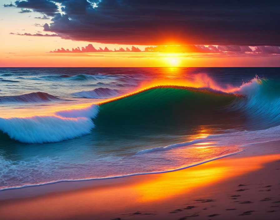 Ocean sunset with crashing waves and warm hues.