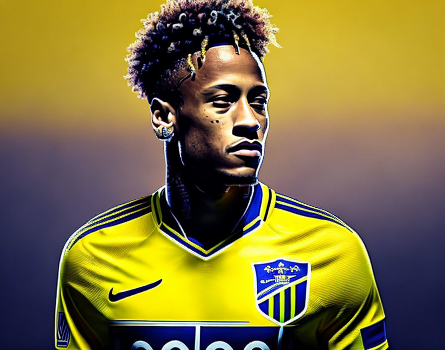 Digitally enhanced image: Person with blonde dreadlocks in yellow football jersey with blue stripes.