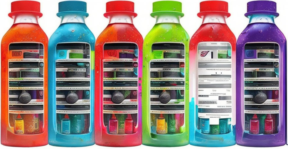 Vibrant laundry detergent bottles in orange, blue, green, and purple hues