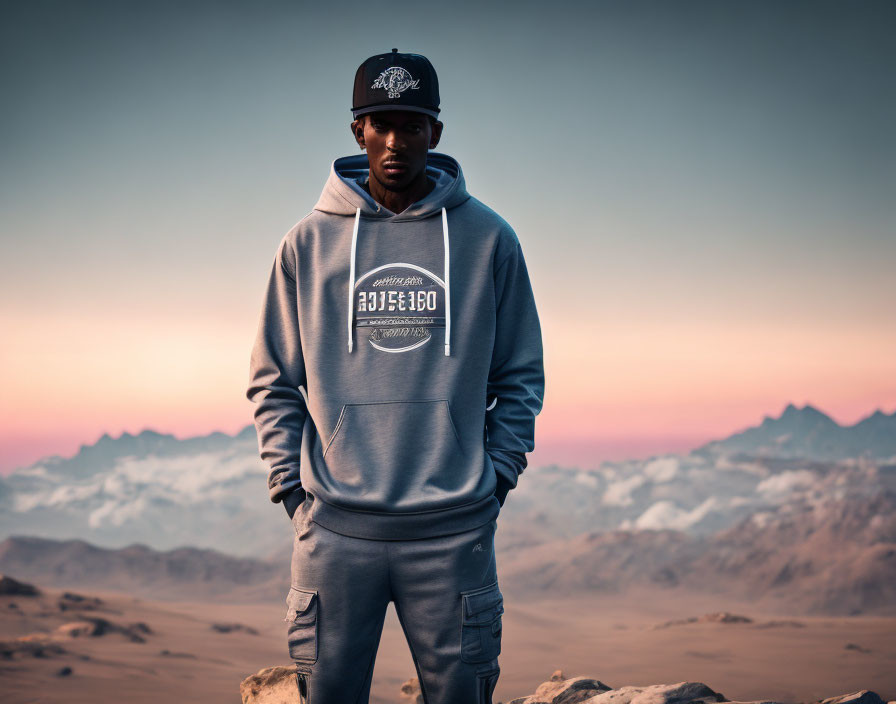 Man in Grey Hoodie and Cap in Desert Twilight with Mountains