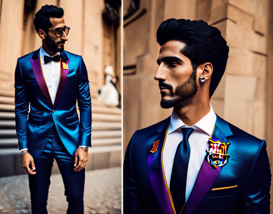 Confident man in blue suit with FC Barcelona details, beard, and glasses against sandstone building.