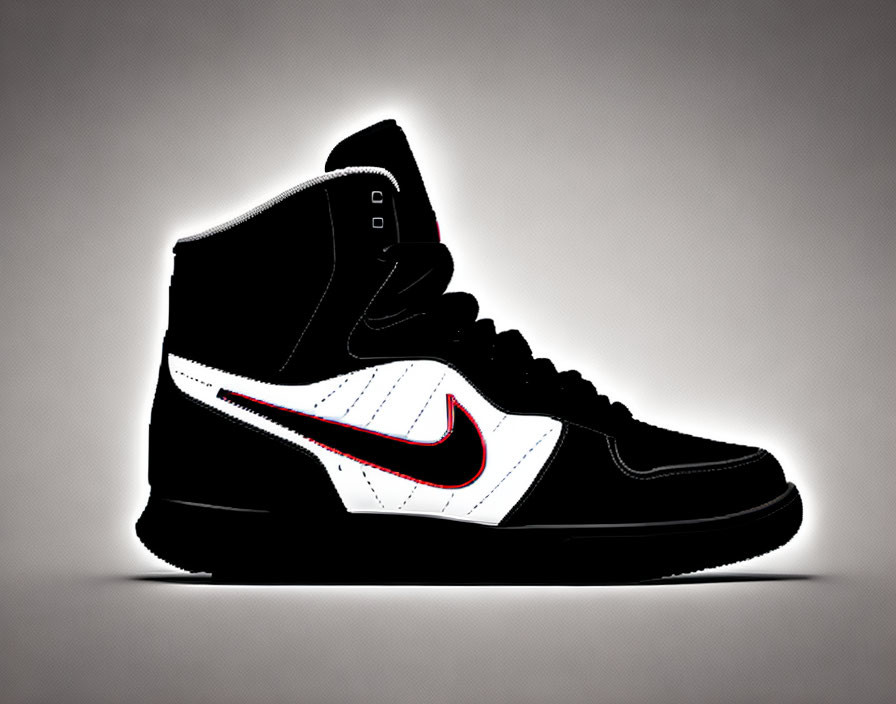 High-top sneaker with white swoosh logo on gray background