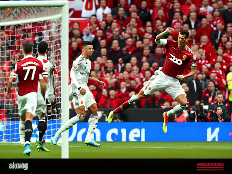 Red football player leaps high for header in match with red-clad spectators.