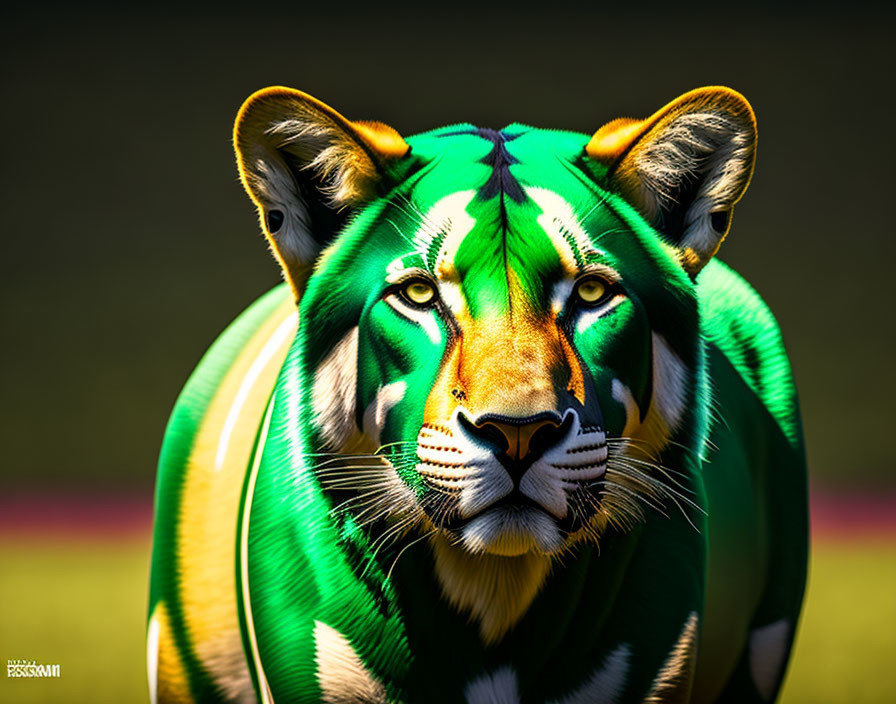 Digitally altered tiger with vibrant green stripes on blurred background.