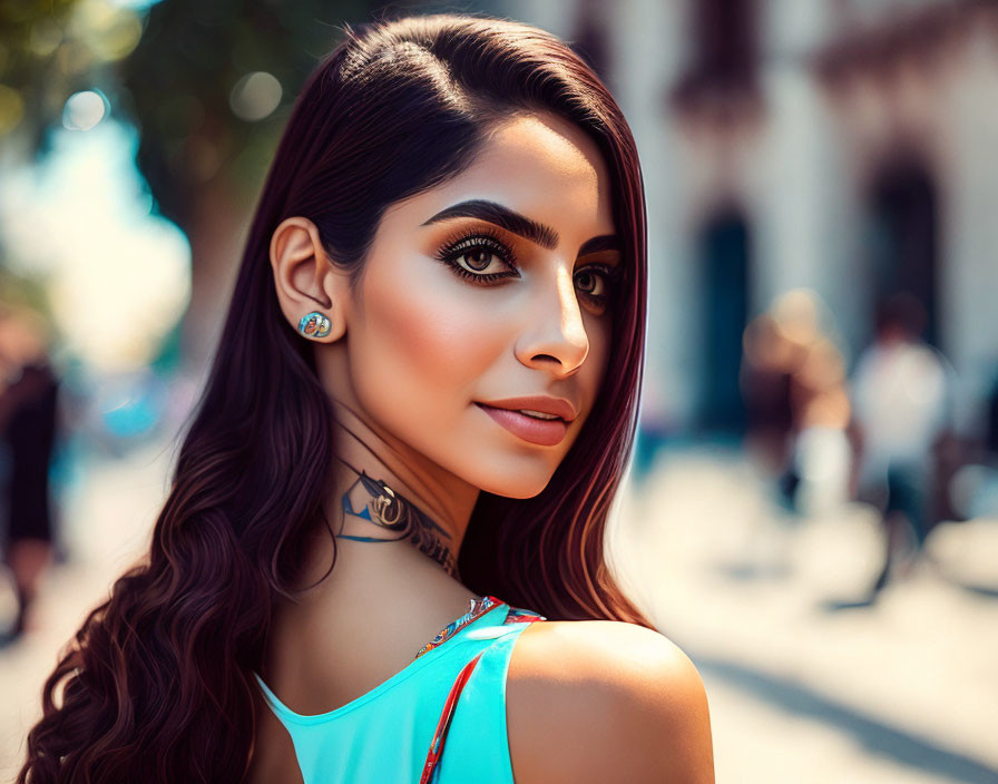 Profile of woman with long curly hair and choker necklace outdoors