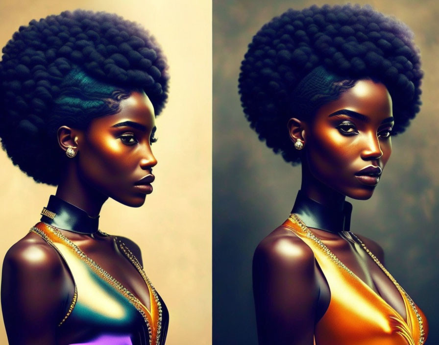 Digital artwork: Woman with voluminous afro, golden skin, striking features, metallic dress.