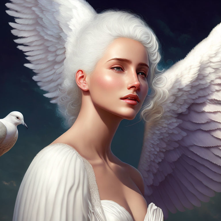 Serene woman with angelic wings and dove under clear sky