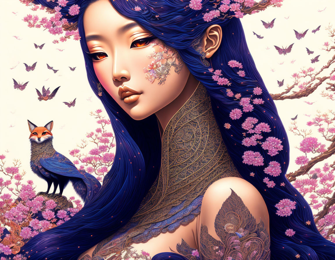 Illustration: Woman with Long Blue Hair, Pink Cherry Blossoms, Small Fox, Floral Tattoos