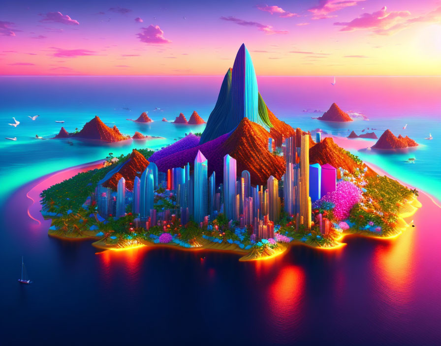 Colorful skyscrapers, lush greenery, and a mountain under a surreal sunset on vibrant island