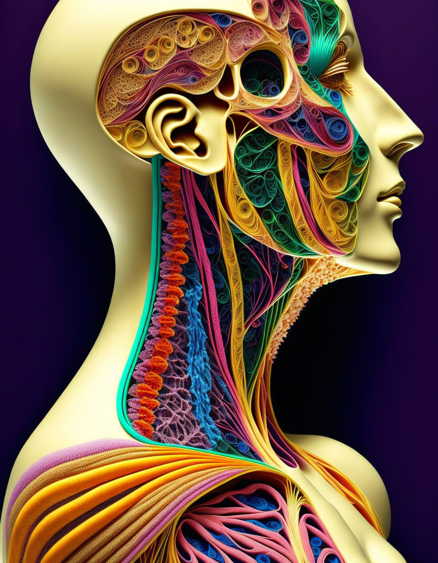 Colorful human profile illustration with stylized internal anatomy features.