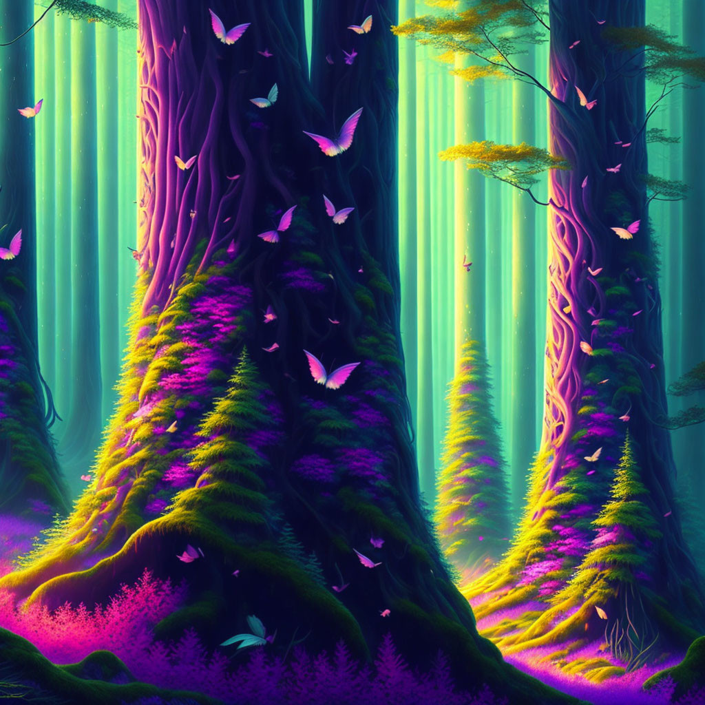 Luminous forest with towering trees and fluttering butterflies