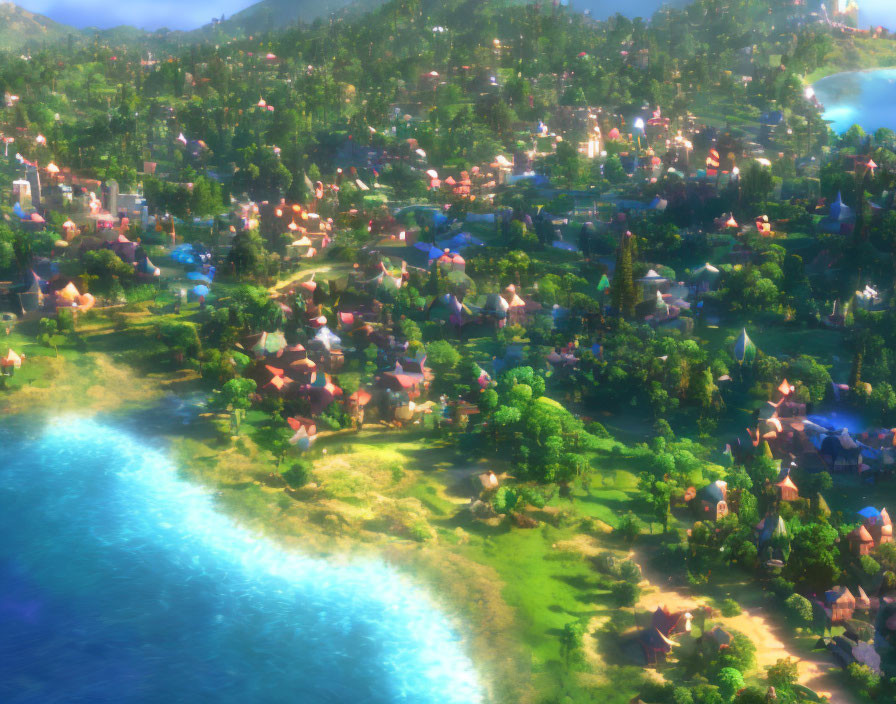 Tranquil animated village by sparkling lake & lush hills