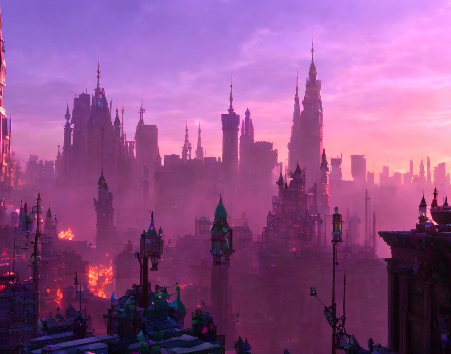 Fantasy cityscape with tall spires and glowing sky