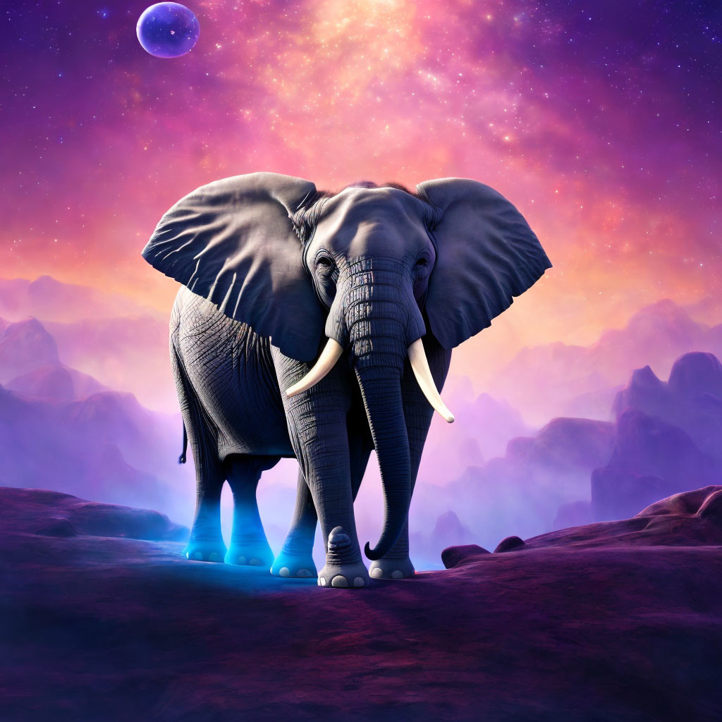 Elephant under purple cosmic sky with glowing feet and distant planet.