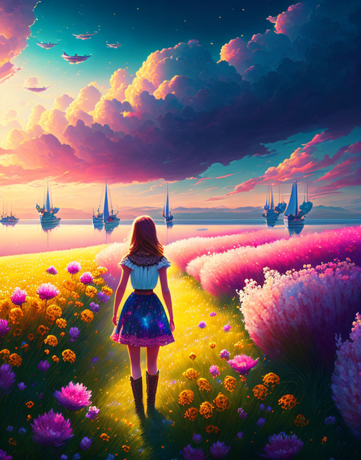 Girl on Flower-Lined Path by Calm Sea at Sunset
