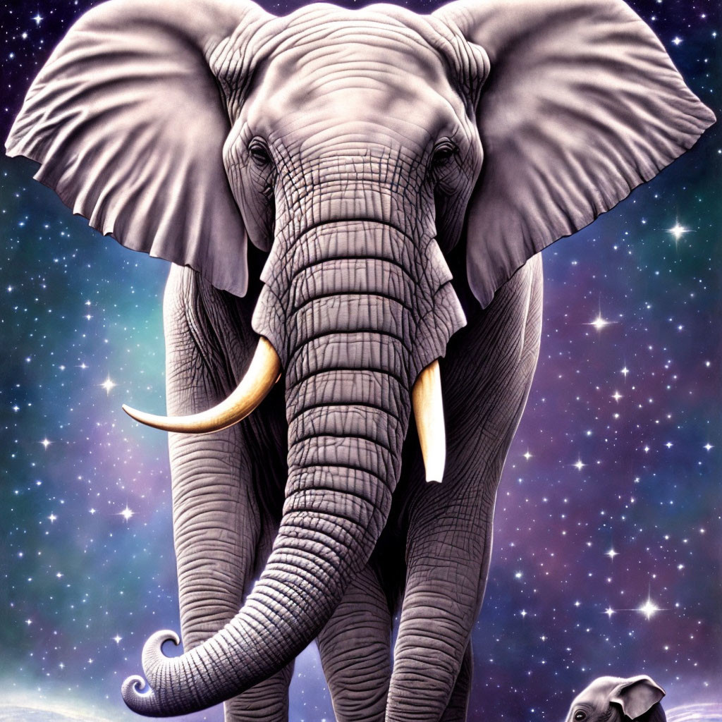 Prominent tusks elephant in surreal cosmic scene