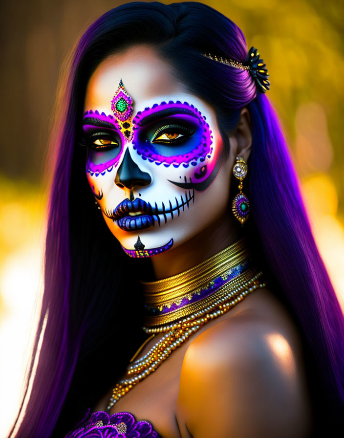 Woman with Purple Hair and Skull Makeup Against Golden Background