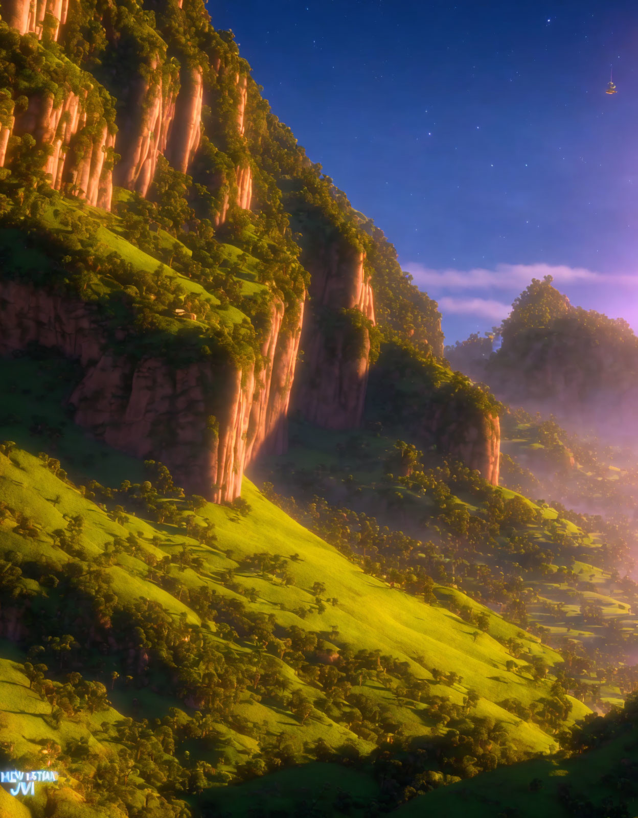 Twilight landscape: lush greenery, towering cliffs, starry sky, misty ground