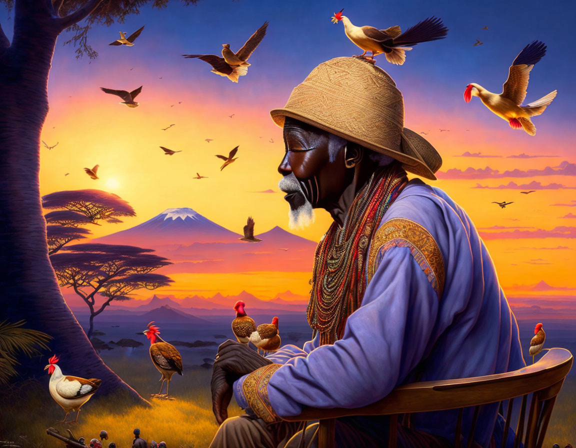 Elder in traditional attire sitting under a tree at sunset with birds flying and mountain view