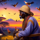 Elder in traditional attire sitting under a tree at sunset with birds flying and mountain view