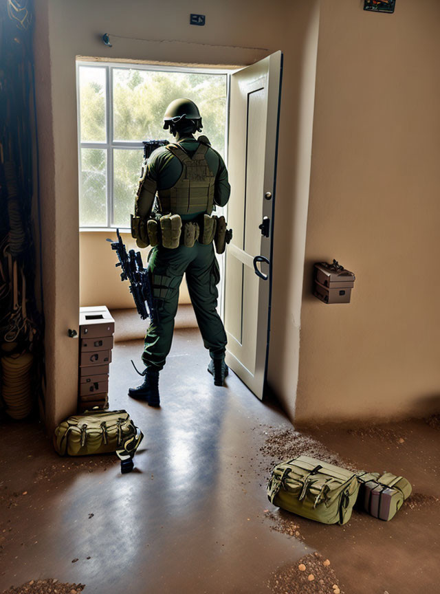 Soldier in tactical gear by open door in sparse room.