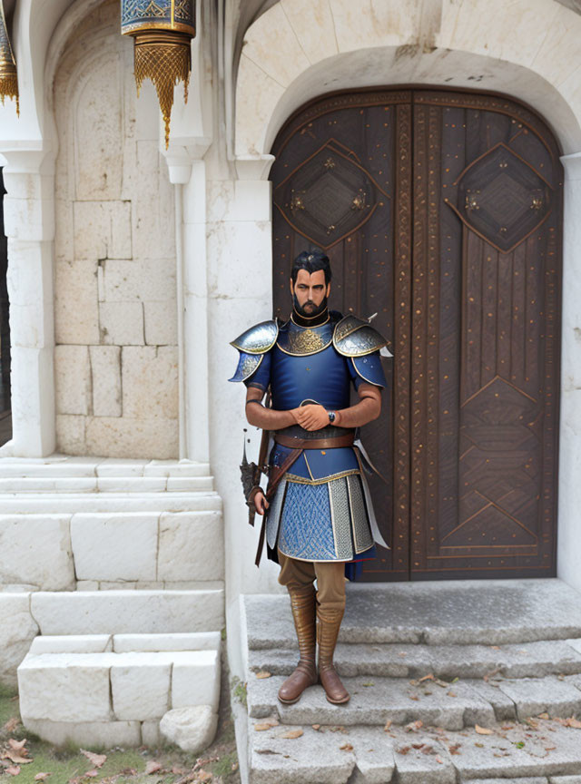 Medieval knight in armor before ornate wooden door