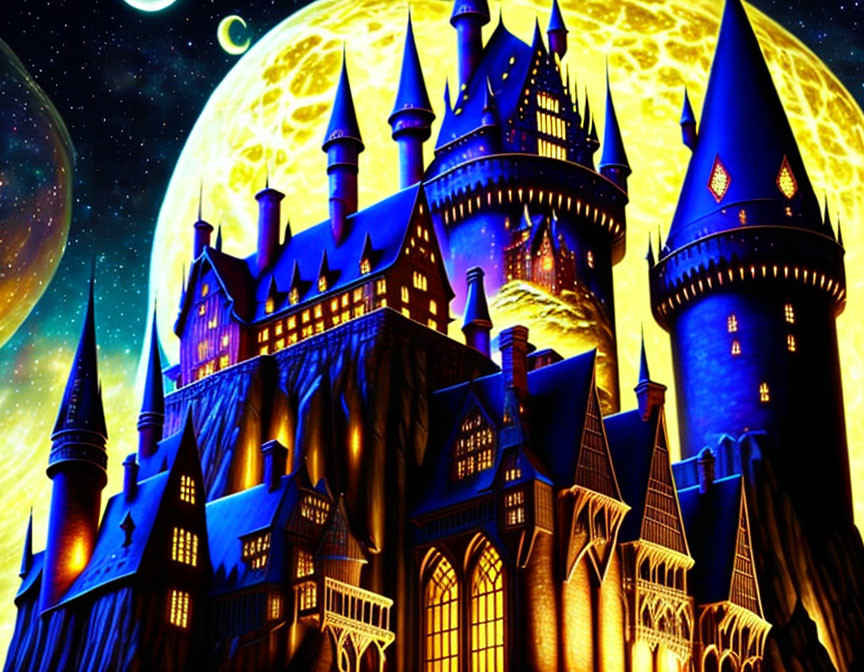 Fantastical castle illustration under full moon