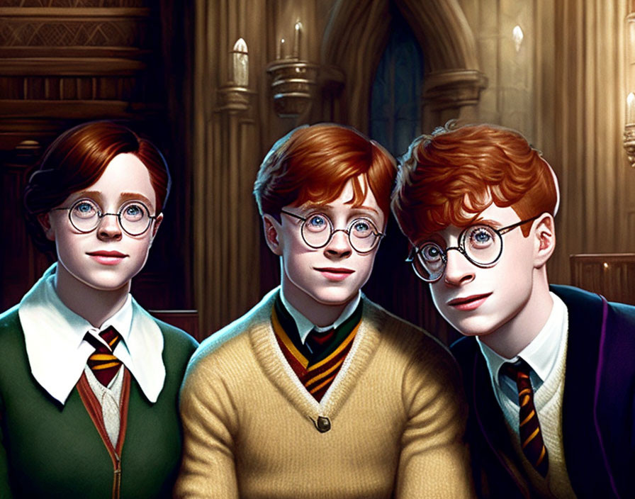 Three young wizards in school uniforms with circular glasses in a candlelit hall