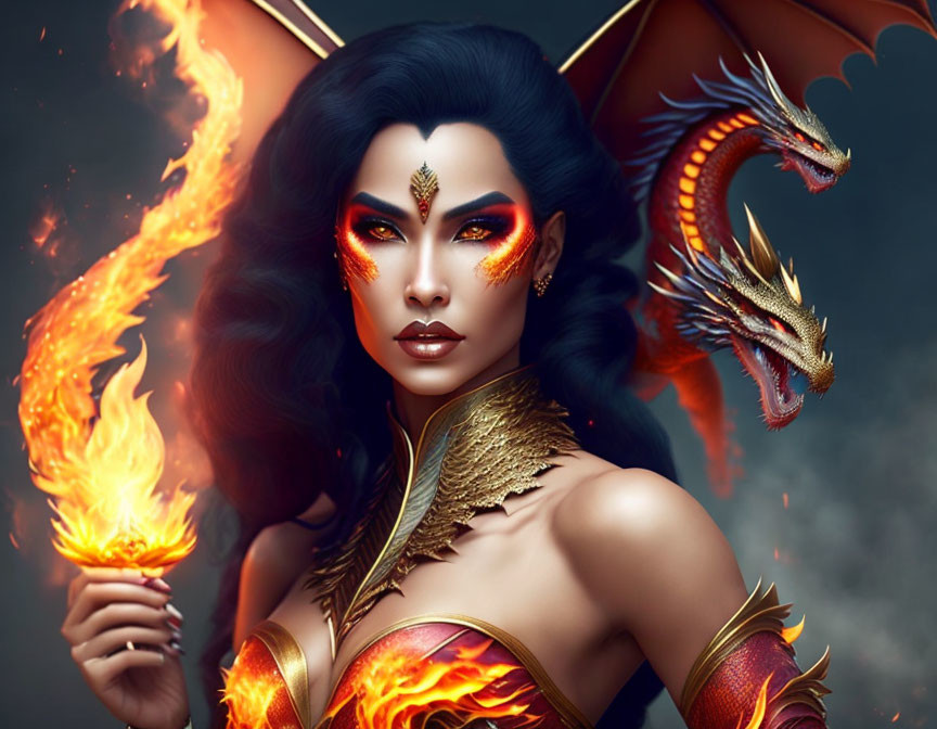 Fantasy warrior woman with dragon and fiery makeup