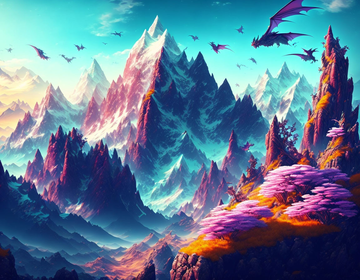 Fantasy landscape with snow-capped mountains, purple flora, and flying dragons