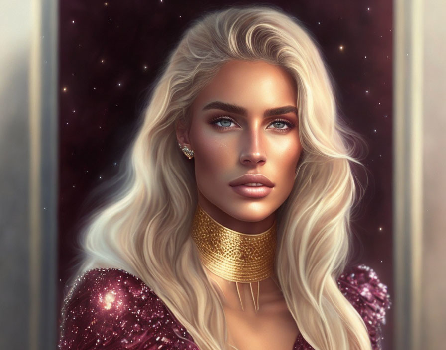 Platinum blonde woman in pink dress with gold choker on starry backdrop