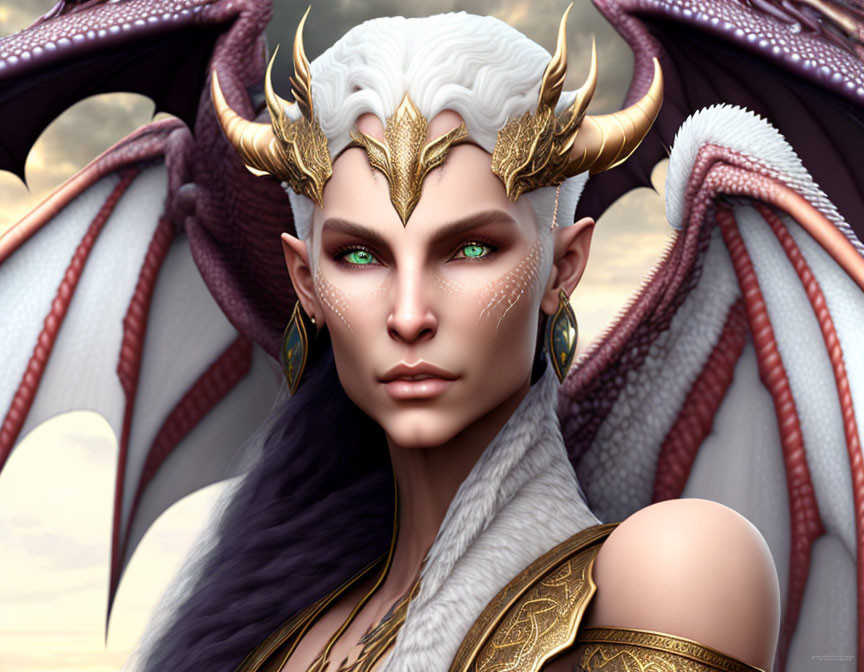 Fantasy character with pale skin, pointed ears, green eyes, golden horned crown, dragon wings